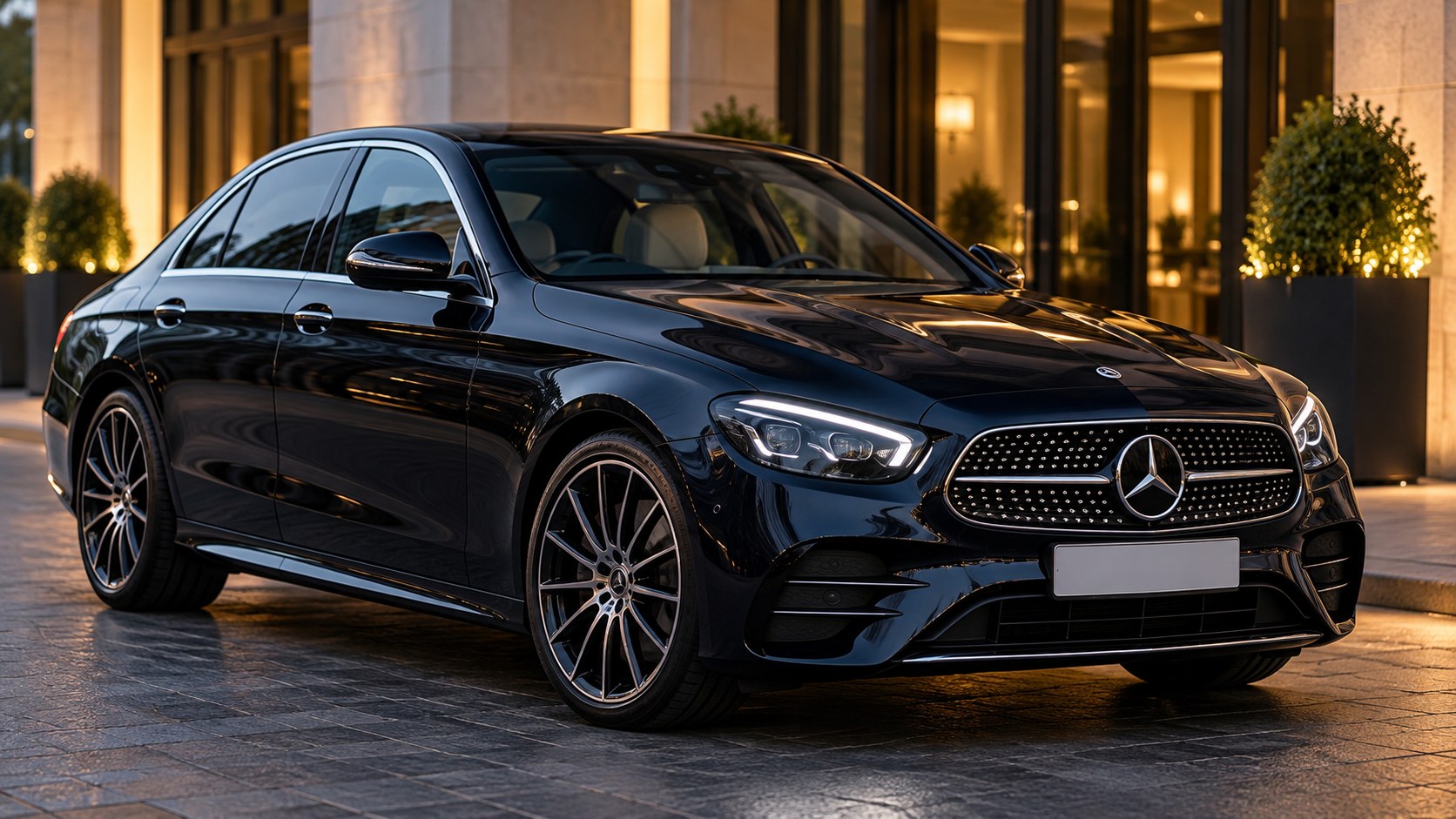 Illustrative image of a luxury Mercedes-Benz E-Class saloon outside a hotel